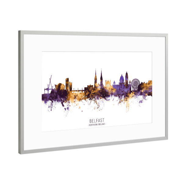 Poster mit Rahmen Silber "Belfast Skyline PurpleGold" artboxONE - Städte - Belfast,Northern ireland,Skyline,Cityscape,Stadtbild,Watercolor,City