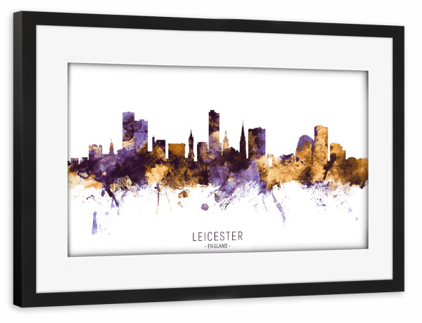 Poster mit Rahmen schwarz "Leicester Skyline PurpleGold" artboxONE - Städte - Leicester,England,Skyline,Cityscape,Stadtbild,Watercolor,City