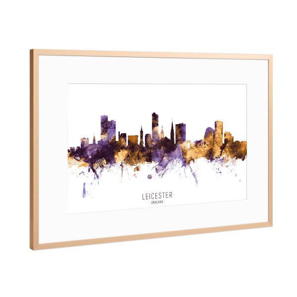Poster mit Rahmen Kupfer "Leicester Skyline PurpleGold" artboxONE - Städte - Leicester,England,Skyline,Cityscape,Stadtbild,Watercolor,City