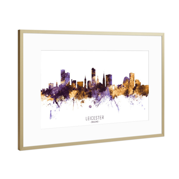 Poster mit Rahmen Gold "Leicester Skyline PurpleGold" artboxONE - Städte - Leicester,England,Skyline,Cityscape,Stadtbild,Watercolor,City