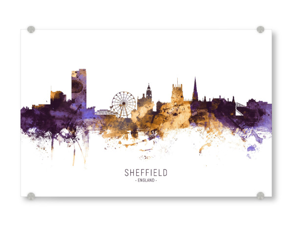 Acrylglasbild "Sheffield Skyline PurpleGold" artboxONE - Städte - Sheffield,England,Skyline,Cityscape,Stadtbild,Watercolor,City