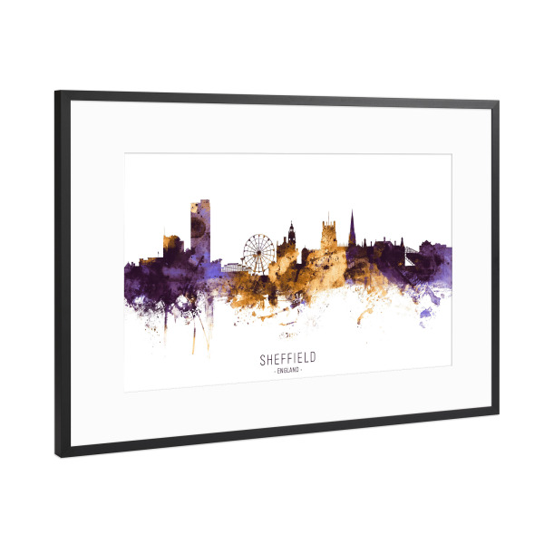 Poster mit Rahmen Schwarz (Metallic) "Sheffield Skyline PurpleGold" artboxONE - Städte - Sheffield,England,Skyline,Cityscape,Stadtbild,Watercolor,City