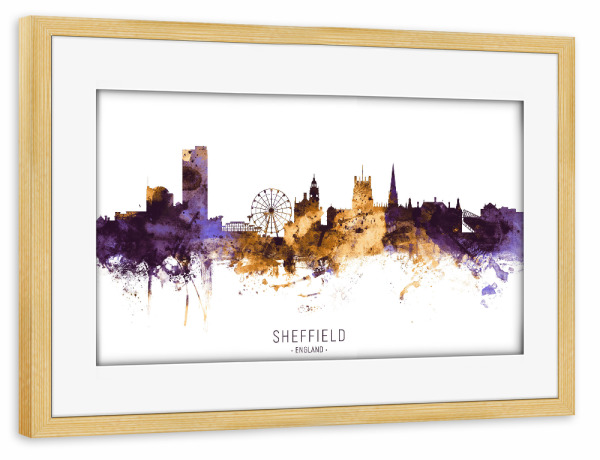 Poster mit Rahmen kiefer "Sheffield Skyline PurpleGold" artboxONE - Städte - Sheffield,England,Skyline,Cityscape,Stadtbild,Watercolor,City