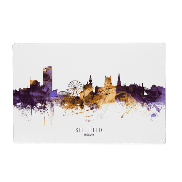 Holzbild "Sheffield Skyline PurpleGold" artboxONE - Städte - Sheffield,England,Skyline,Cityscape,Stadtbild,Watercolor,City