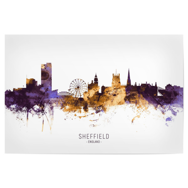 Poster 30x20 cm "Sheffield Skyline PurpleGold" artboxONE - Städte - Sheffield,England,Skyline,Cityscape,Stadtbild,Watercolor,City