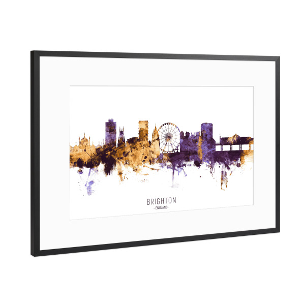 Poster mit Rahmen Schwarz (Metallic) "Brighton Skyline PurpleGold" artboxONE - Städte