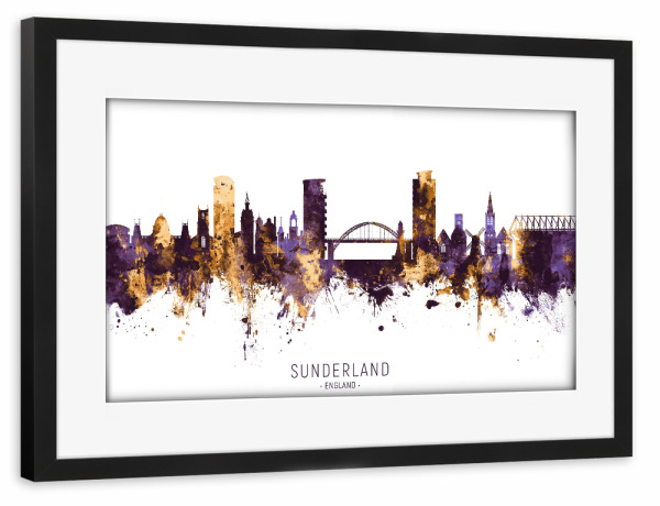 Poster mit Rahmen schwarz "Sunderland Skyline PurpleGold" artboxONE - Städte - Sunderland,England,Skyline,Cityscape,Stadtbild,Watercolor,Painting,City