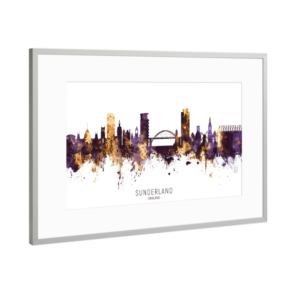 Poster mit Rahmen Silber "Sunderland Skyline PurpleGold" artboxONE - Städte - Sunderland,England,Skyline,Cityscape,Stadtbild,Watercolor,Painting,City