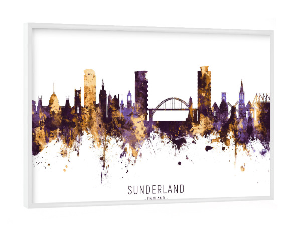 Poster mit weißem Rahmen "Sunderland Skyline PurpleGold" artboxONE - Städte - Sunderland,England,Skyline,Cityscape,Stadtbild,Watercolor,Painting,City