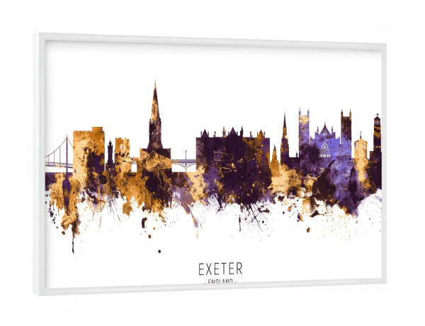 Poster mit weißem Rahmen "Exeter England Skyline PurpleGold" artboxONE - Städte - Exeter,England,Skyline,Cityscape,Stadtbild,Watercolor,Painting,City