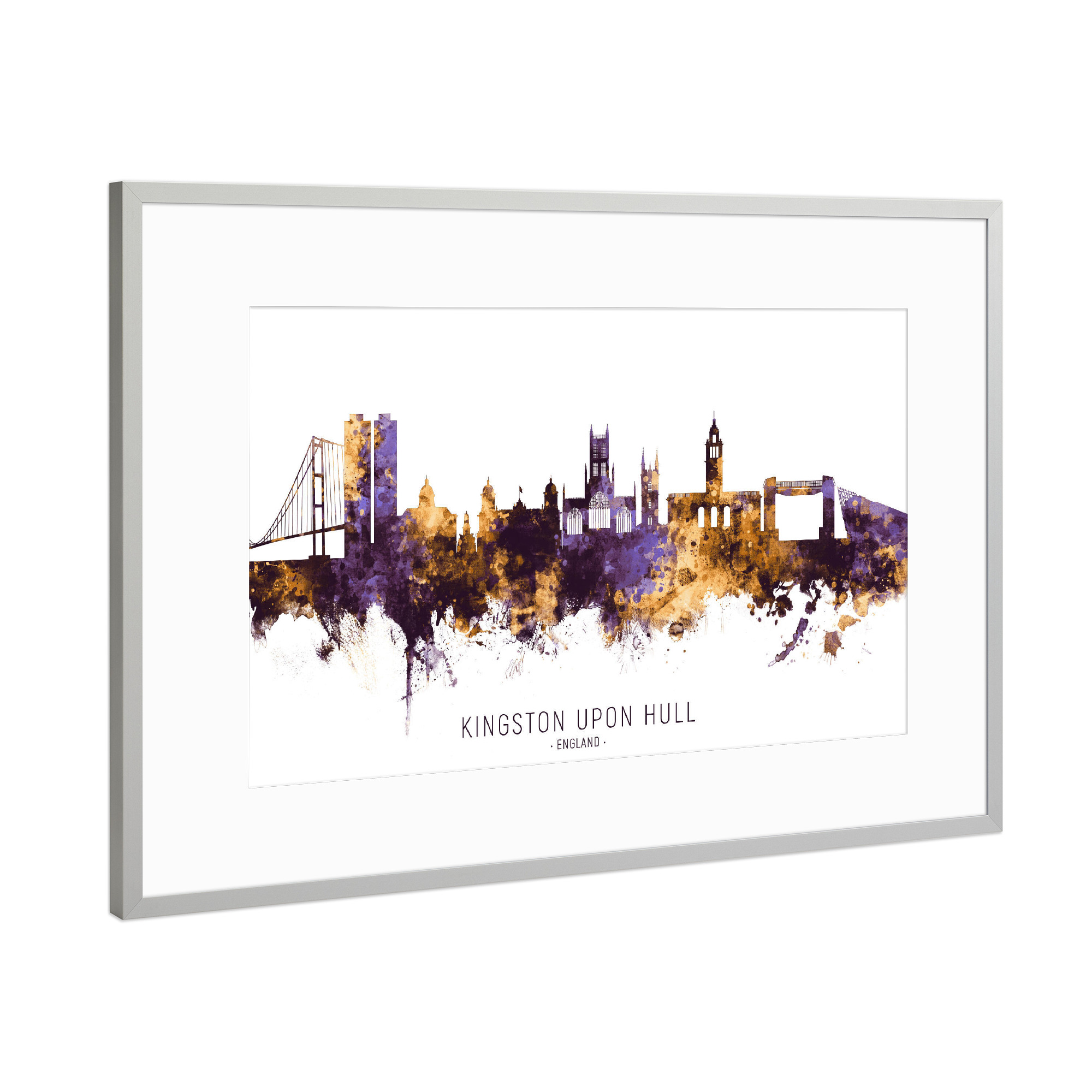 Poster mit Rahmen Silber "Kingston Hull Skyline PurpleGold" artboxONE - Städte