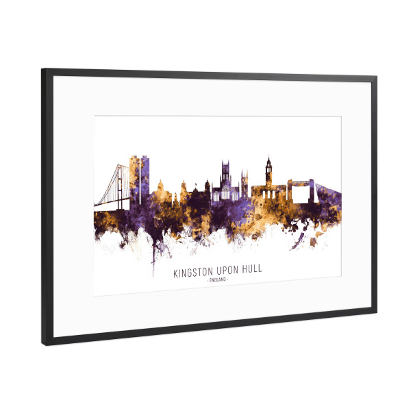 Poster mit Rahmen Schwarz (Metallic) "Kingston Hull Skyline PurpleGold" artboxONE - Städte