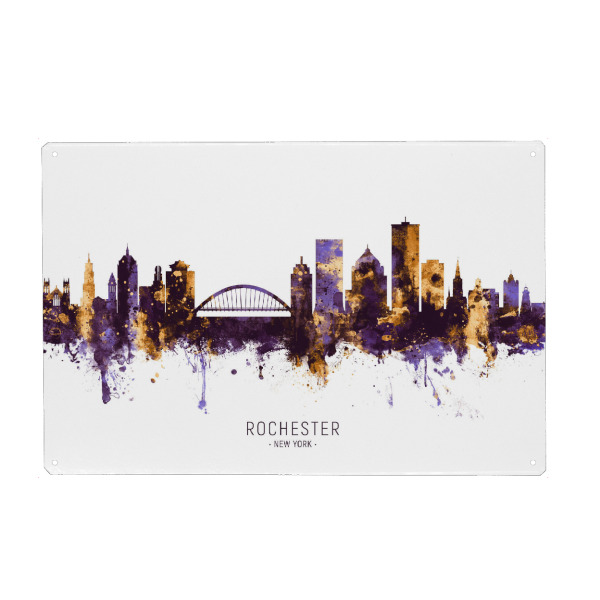 Metall Poster "Rochester Skyline PurpleGold" artboxONE - Städte - Rochester,New york,Skyline,Cityscape,Stadtbild,Watercolor,City - Blechschild