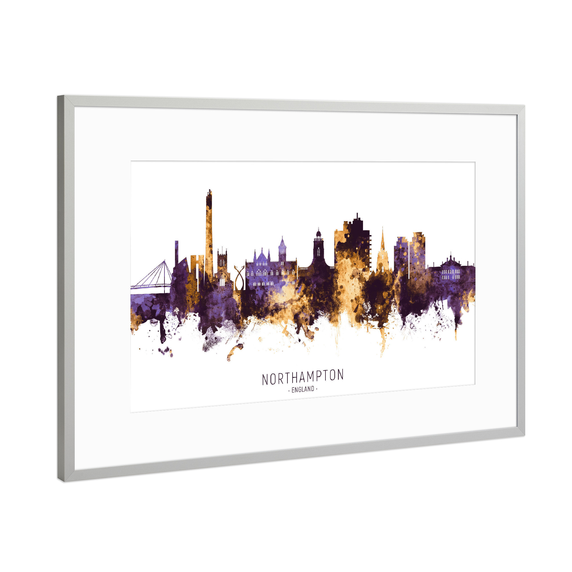 Poster mit Rahmen Silber "Northampton Skyline PurpleGold" artboxONE - Städte - Northampton,England,Skyline,Cityscape,Stadtbild,Watercolor,City