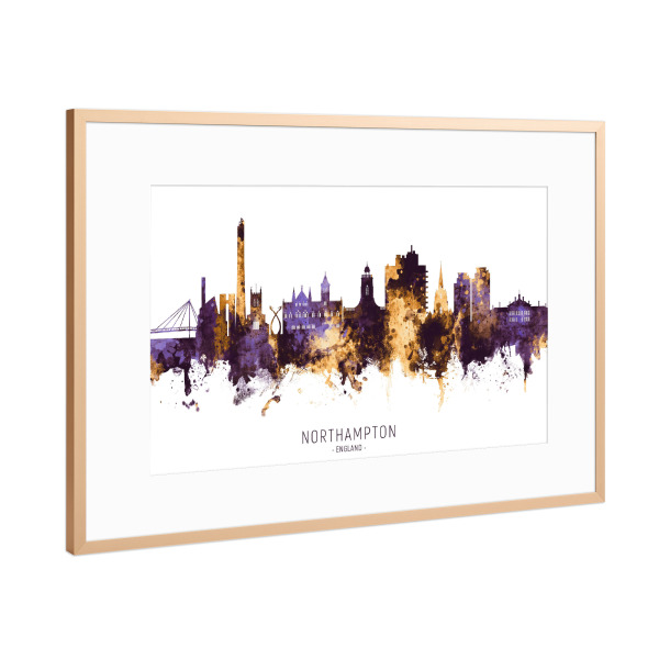 Poster mit Rahmen Kupfer "Northampton Skyline PurpleGold" artboxONE - Städte - Northampton,England,Skyline,Cityscape,Stadtbild,Watercolor,City