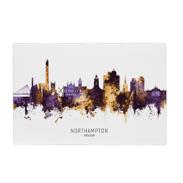 Holzbild "Northampton Skyline PurpleGold" artboxONE - Städte - Northampton,England,Skyline,Cityscape,Stadtbild,Watercolor,City