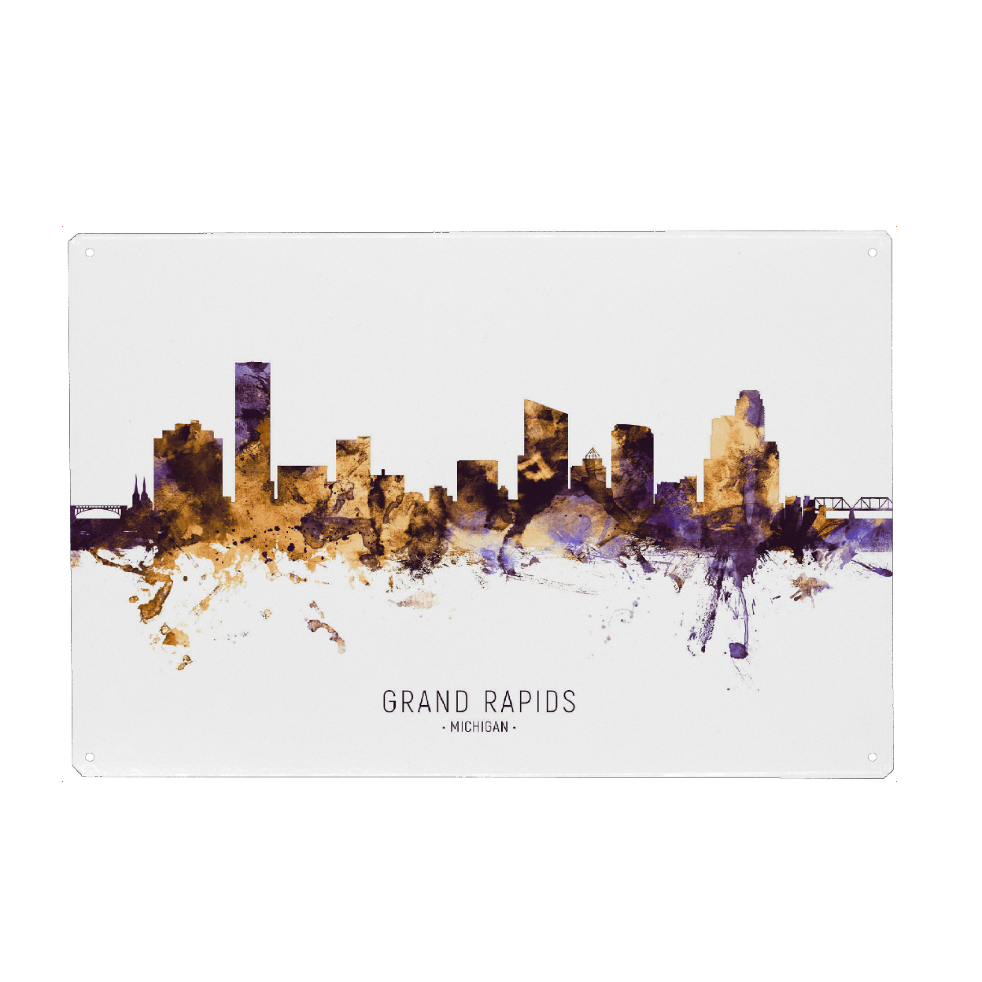 Metall Poster "Grand Rapids Skyline PurpleGold" artboxONE - Städte - Grand rapids,Michigan,Skyline,Cityscape,Stadtbild,Watercolor,Painting,Usa,City