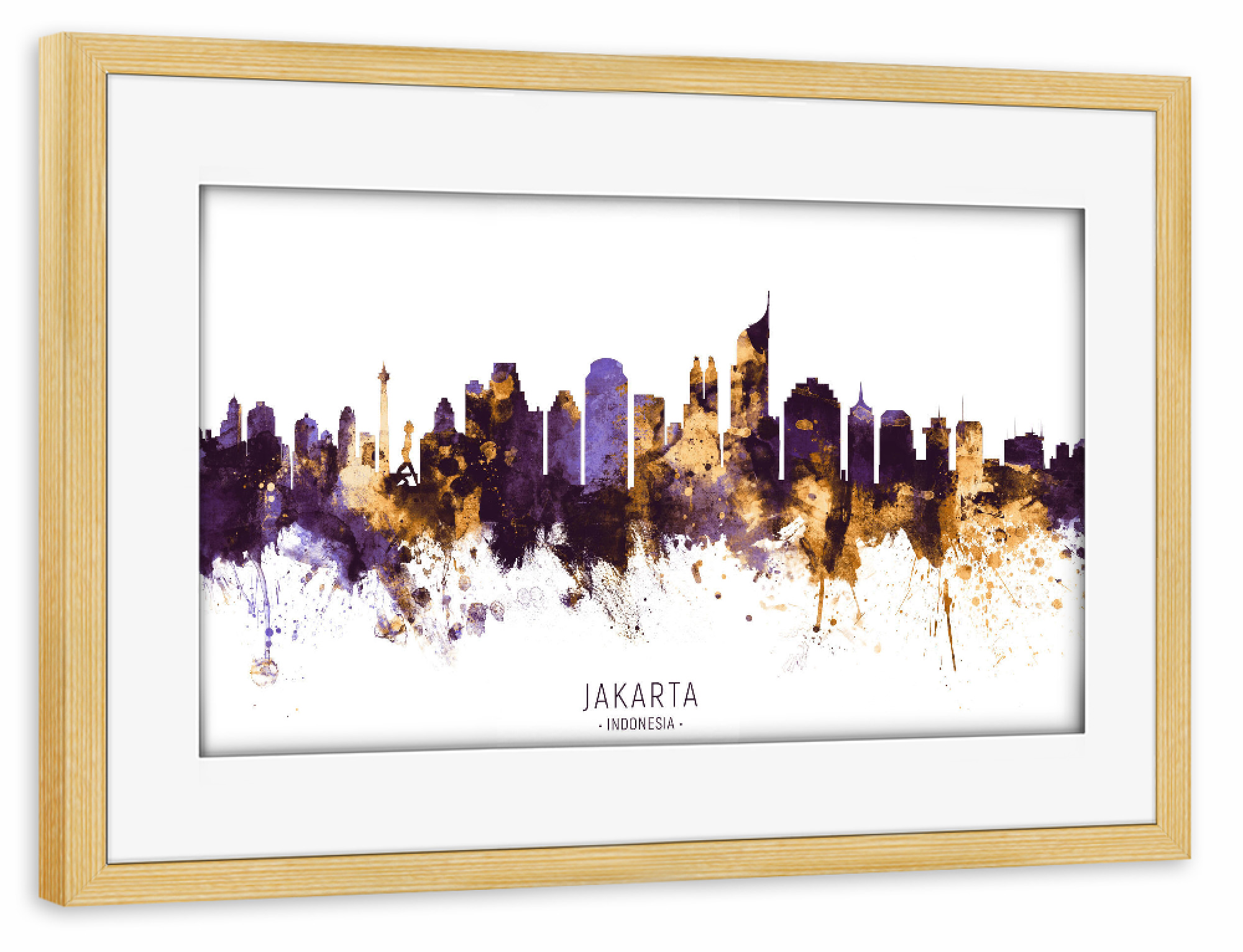 Poster mit Rahmen kiefer "Jakarta Skyline PurpleGold" artboxONE - Städte - Jakarta,Indonesia,Skyline,Cityscape,Stadtbild,Watercolor,City
