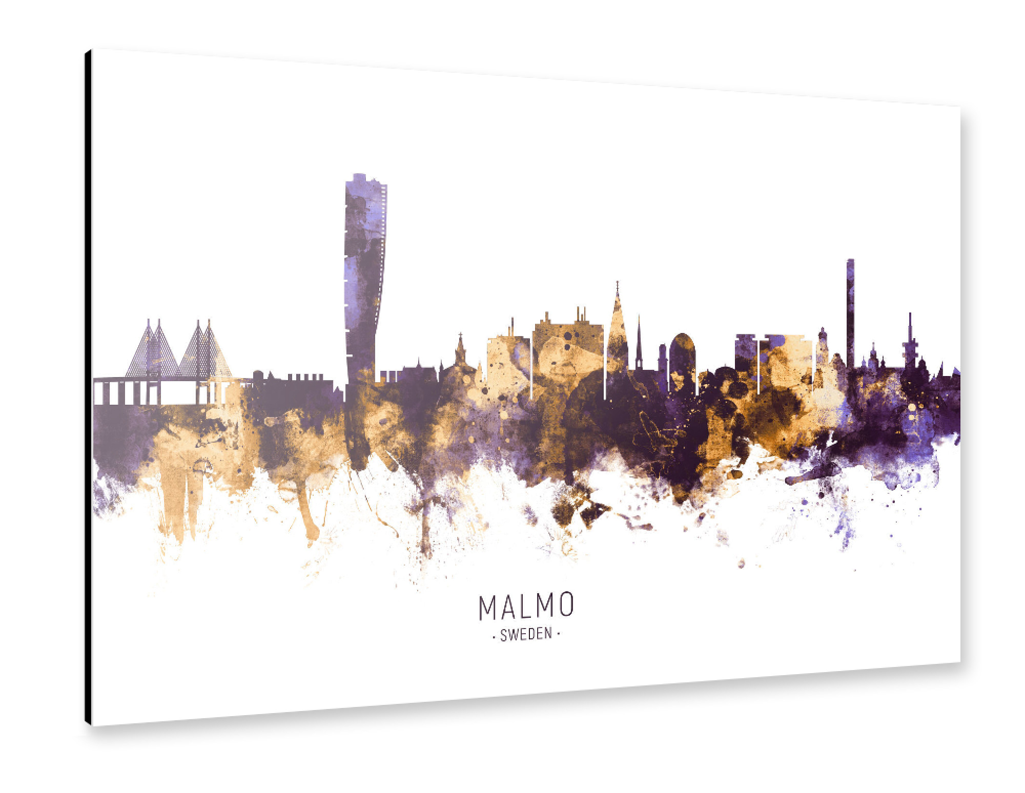 Alu-Dibond "Malmo Sweden Skyline PurpleGold" 30x20 cm artboxONE