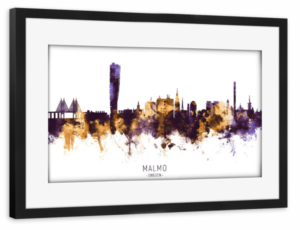 Poster mit Rahmen schwarz "Malmo Sweden Skyline PurpleGold" artboxONE - Städte - Malmo,Sweden,Skyline,Cityscape,Stadtbild,Watercolor,City