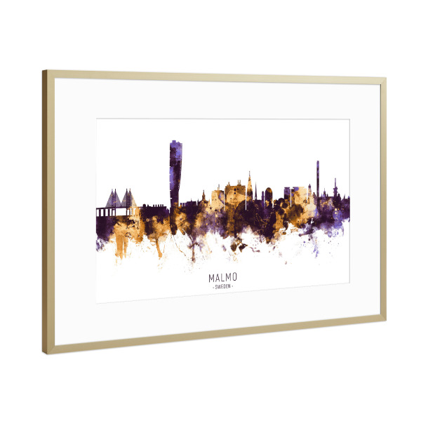 Poster mit Rahmen Gold "Malmo Sweden Skyline PurpleGold" artboxONE - Städte - Malmo,Sweden,Skyline,Cityscape,Stadtbild,Watercolor,City