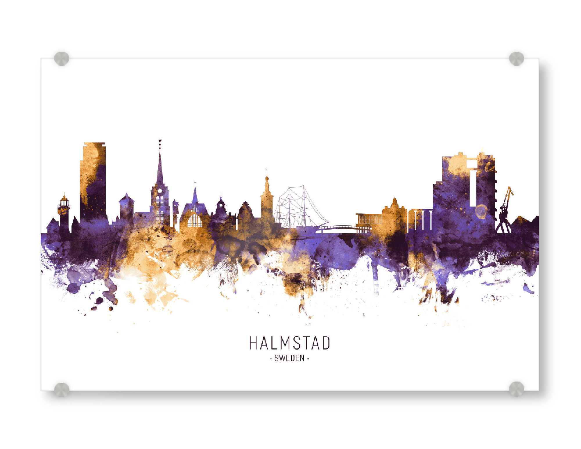 Acrylglasbild "Halmstad Sweden Skyline PurpleGold" artboxONE - Städte - Halmstad,Sweden,Skyline,Cityscape,Stadtbild,Watercolor,City