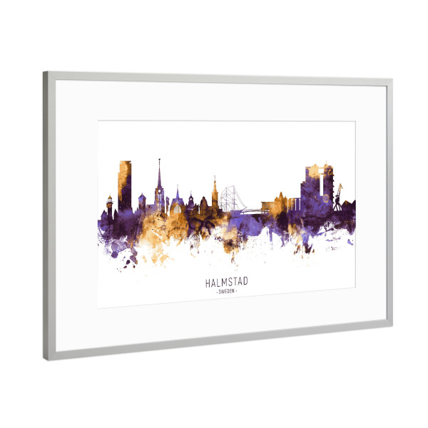 Poster mit Rahmen Silber "Halmstad Sweden Skyline PurpleGold" artboxONE - Städte - Halmstad,Sweden,Skyline,Cityscape,Stadtbild,Watercolor,City
