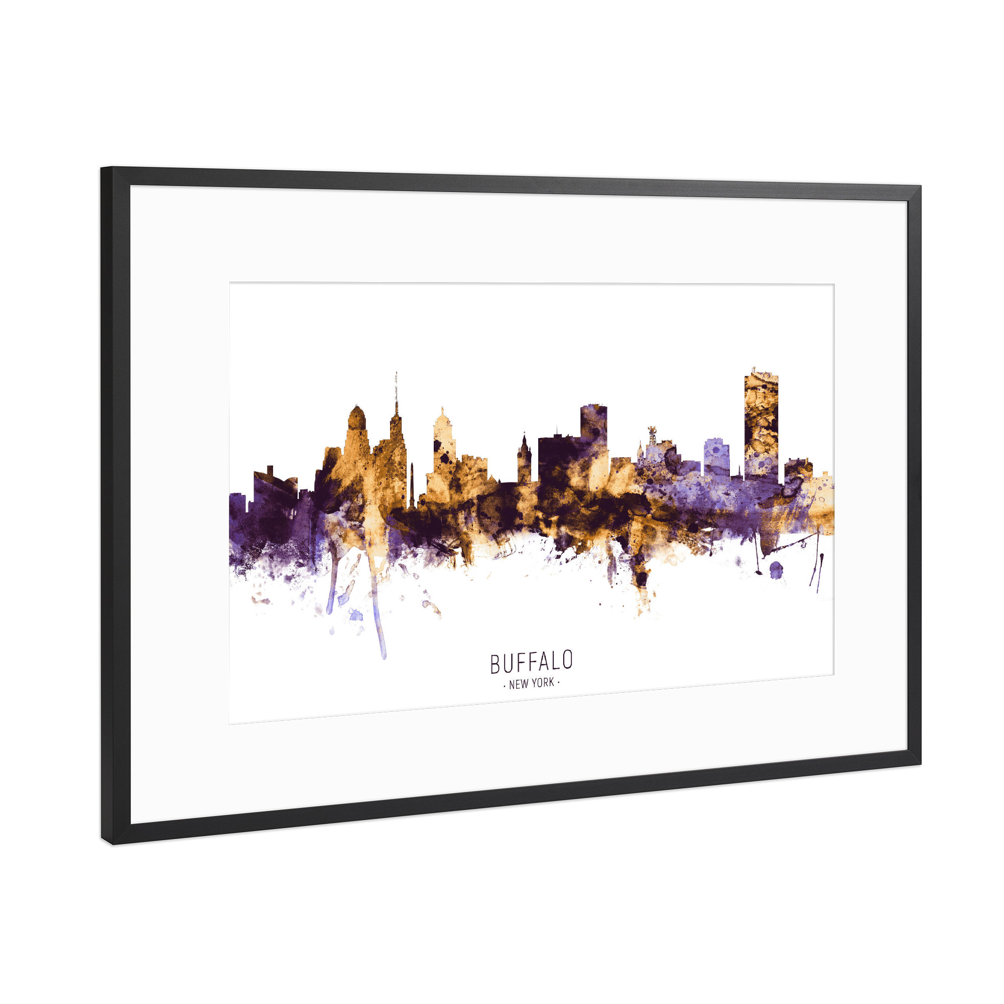 Poster mit Rahmen Schwarz (Metallic) "Buffalo Skyline PurpleGold" artboxONE - Städte