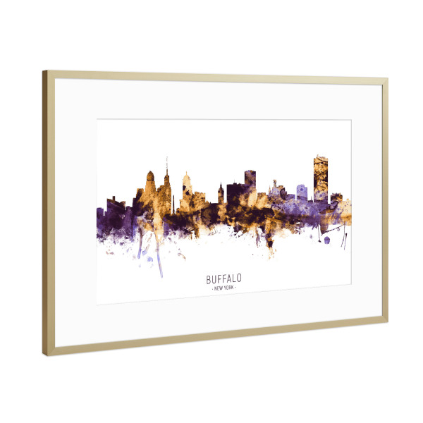 Poster mit Rahmen Gold "Buffalo Skyline PurpleGold" artboxONE - Städte - Buffalo,New york,Skyline,Cityscape,Stadtbild,Watercolor,Painting,Usa
