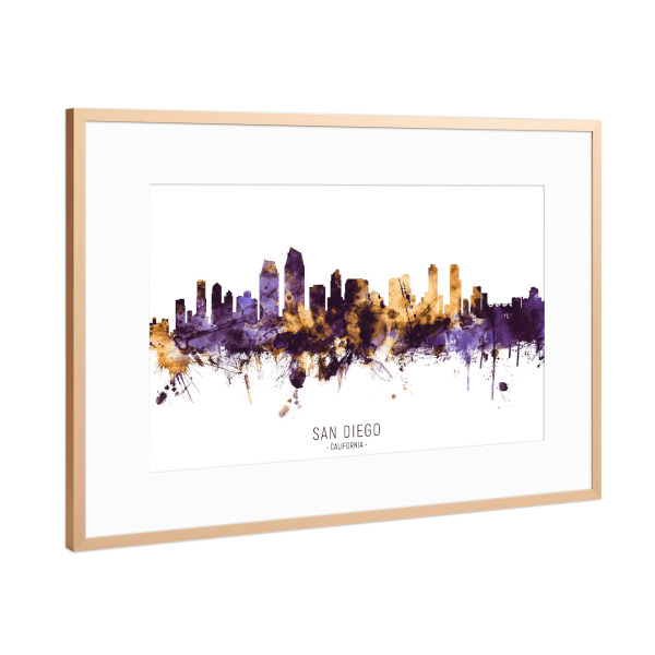 Poster mit Rahmen Kupfer "San Diego Skyline PurpleGold" artboxONE - Städte
