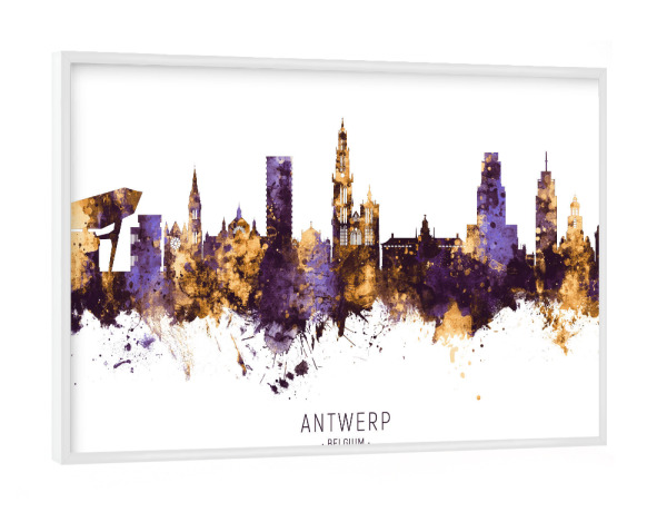 Poster mit weißem Rahmen "Antwerp Skyline PurpleGold" artboxONE - Städte - Antwerp,Belgium,Skyline,Cityscape,Stadtbild,Watercolor,Painting,City
