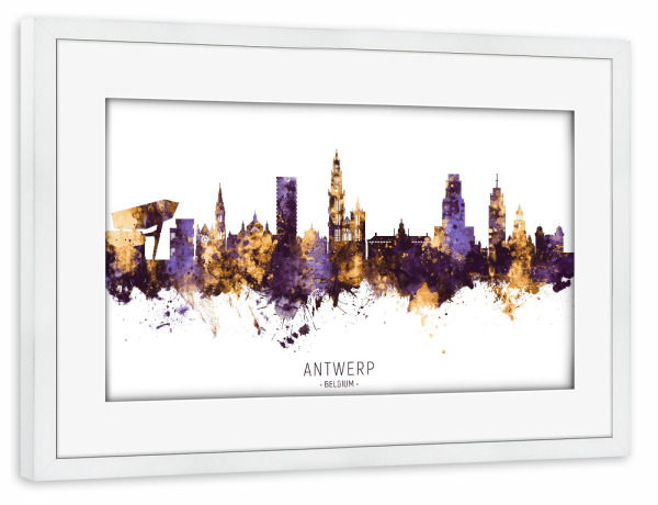 Poster mit Rahmen weiß "Antwerp Skyline PurpleGold" artboxONE - Städte - Antwerp,Belgium,Skyline,Cityscape,Stadtbild,Watercolor,Painting,City