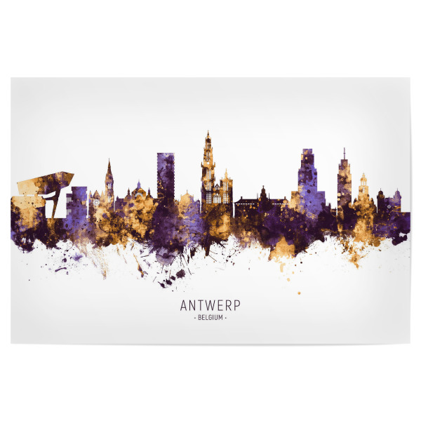 Poster 30x20 cm "Antwerp Skyline PurpleGold" artboxONE - Städte - Antwerp,Belgium,Skyline,Cityscape,Stadtbild,Watercolor,Painting,City