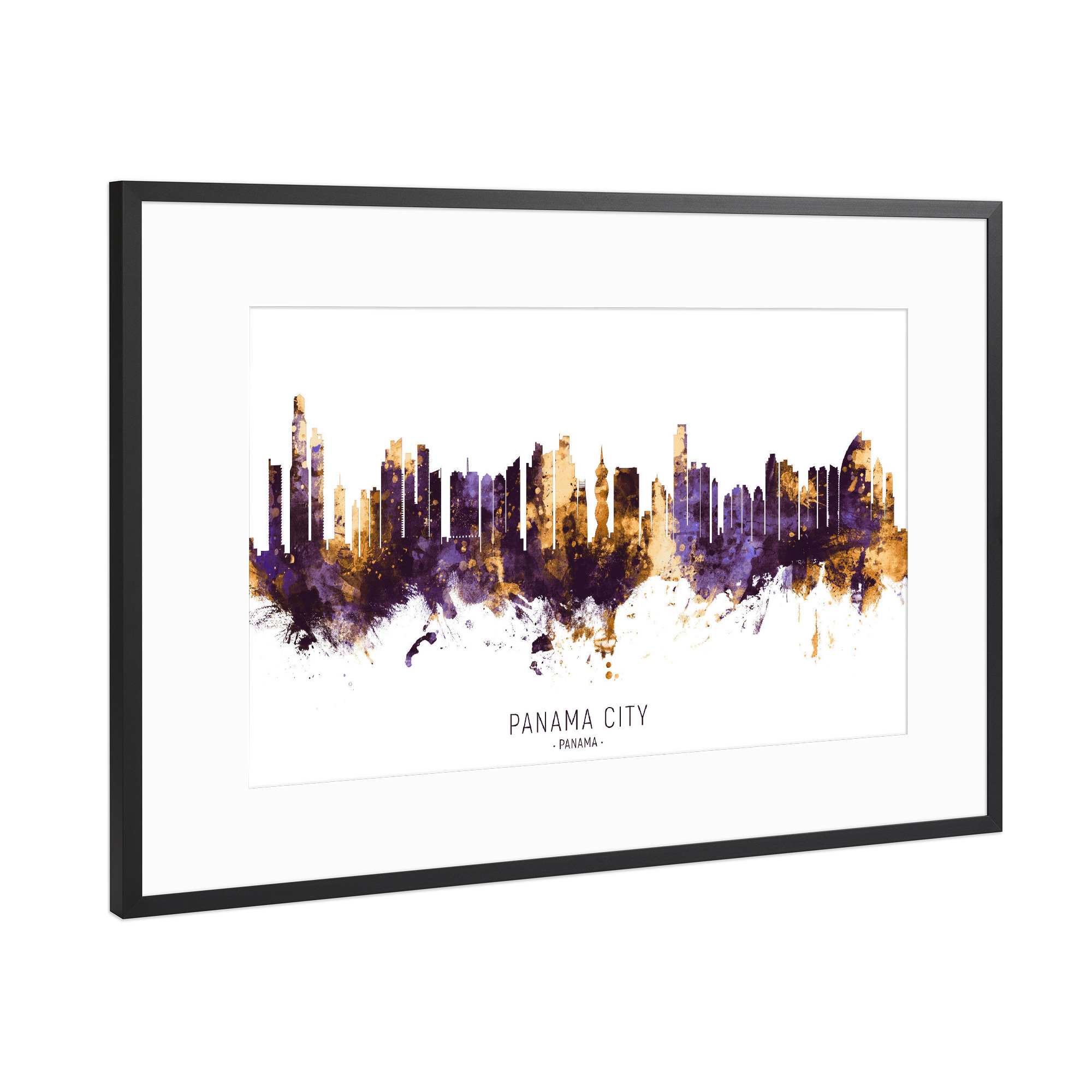 Poster mit Rahmen Schwarz (Metallic) "Panama City Skyline PurpleGold" artboxONE - Städte