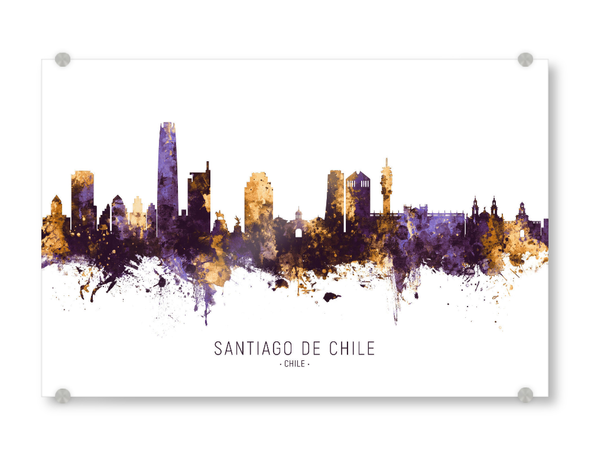 Acrylglasbild "Santiago de Chile PurpleGold" artboxONE - Städte - Santiago de chile,Chile,Skyline,Cityscape,Stadtbild,Watercolor,Painting,City