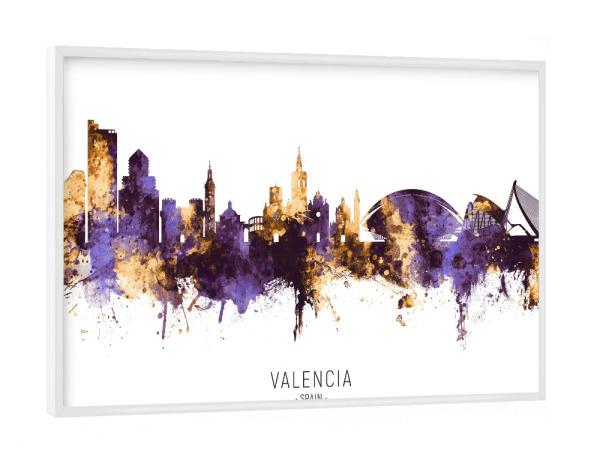 Poster mit weißem Rahmen "Valencia Spain Skyline PurpleGold" artboxONE - Städte - Valencia,Spain,Skyline,Cityscape,Stadtbild,Watercolor,City