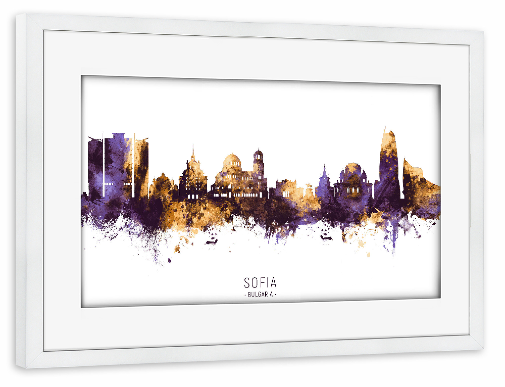 Poster mit Rahmen weiß "Sofia Bulgaria Skyline PurpleGold" artboxONE - Städte - Sofia,Bulgaria,Skyline,Cityscape,Stadtbild,Watercolor,Painting,City