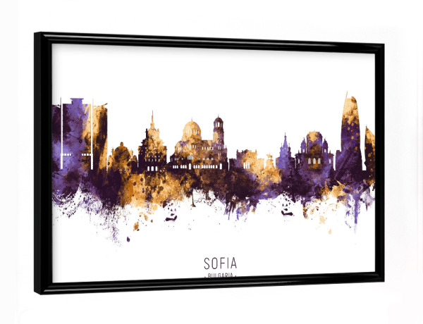 Poster mit schwarzem Rahmen "Sofia Bulgaria Skyline PurpleGold" artboxONE - Städte