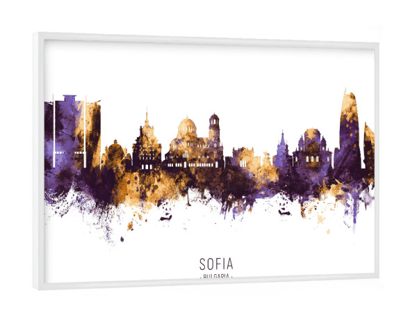 Poster mit weißem Rahmen "Sofia Bulgaria Skyline PurpleGold" artboxONE - Städte - Sofia,Bulgaria,Skyline,Cityscape,Stadtbild,Watercolor,Painting,City