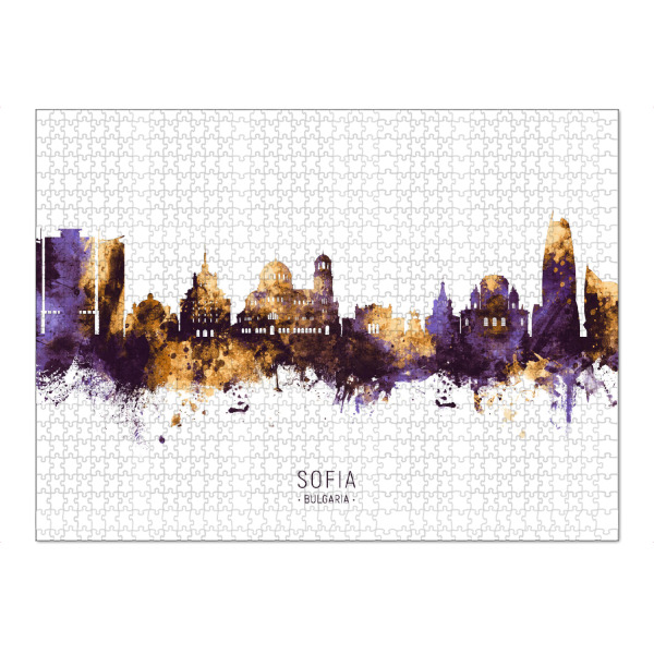 Puzzle Ravensburger "Sofia Bulgaria Skyline PurpleGold" artboxONE - Städte - Sofia,Bulgaria,Skyline,Cityscape,Stadtbild,Watercolor,Painting,City