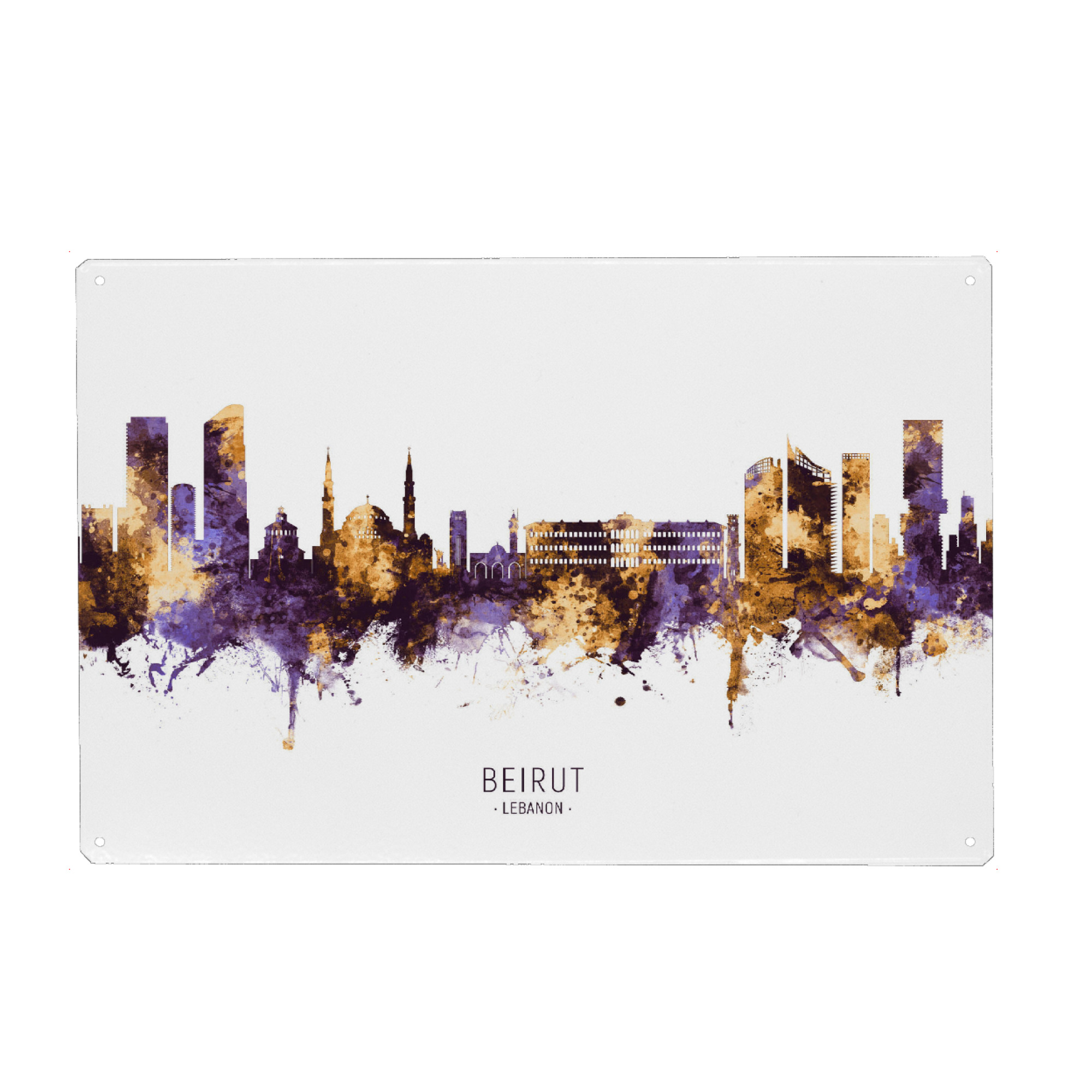 Metall Poster "Beirut Lebanon Skyline PurpleGold" artboxONE - Städte - Beirut,Lebanon,Skyline,Cityscape,Stadtbild,Watercolor,Painting,City