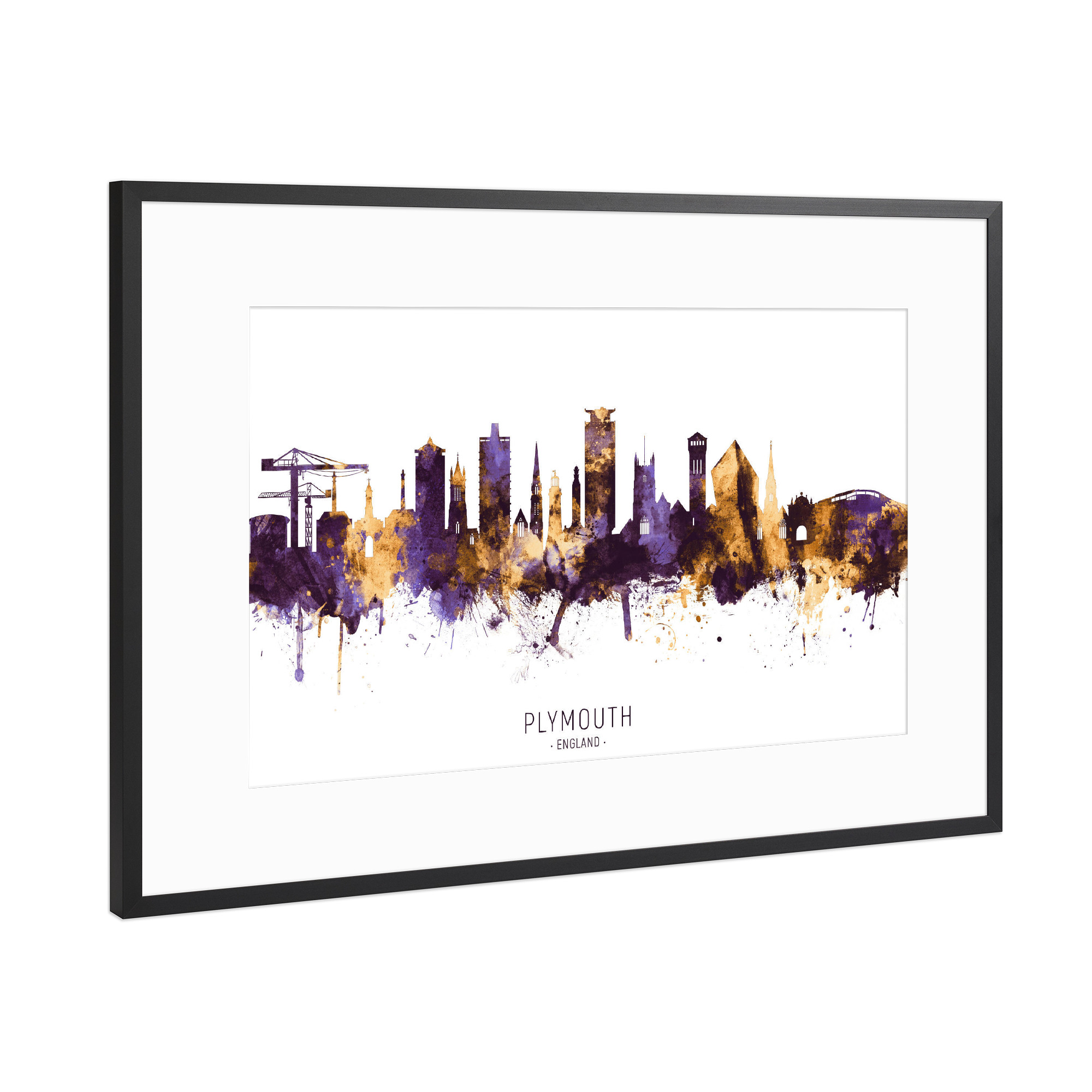 Poster mit Rahmen Schwarz (Metallic) "Plymouth Skyline PurpleGold" artboxONE - Städte