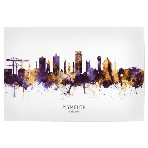 Poster 30x20 cm "Plymouth Skyline PurpleGold" artboxONE - Städte - Plymouth,England,Skyline,Cityscape,Stadtbild,Watercolor,Painting,City