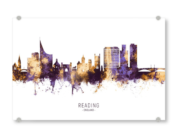 Acrylglasbild "Reading Skyline PurpleGold" artboxONE - Städte - Reading,England,Skyline,Cityscape,Stadtbild,Watercolor,City