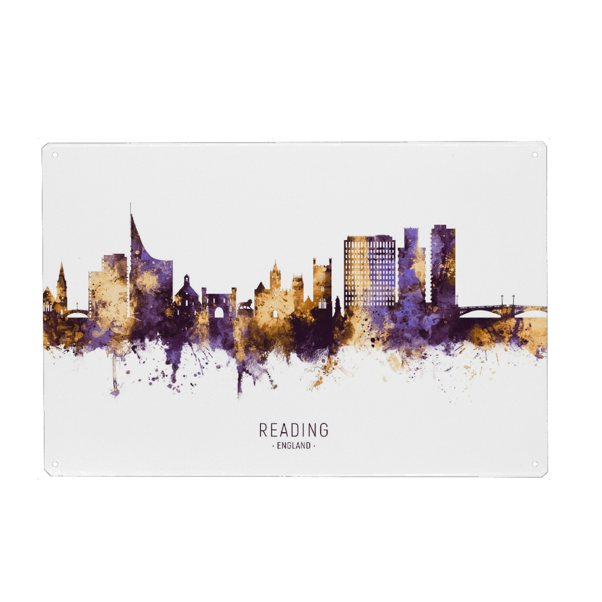 Holzbild "Reading Skyline PurpleGold" artboxONE - Städte - Reading,England,Skyline,Cityscape,Stadtbild,Watercolor,City