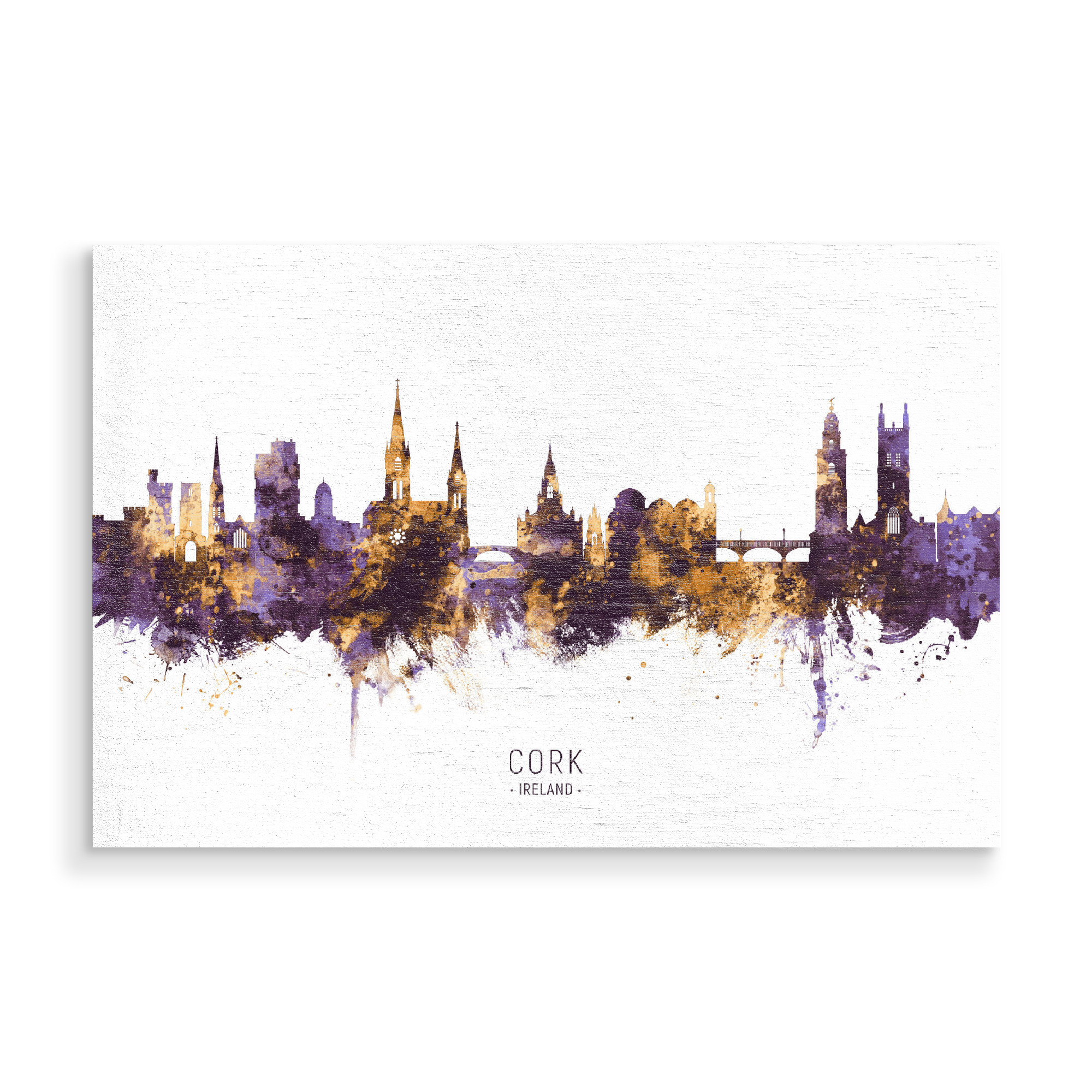 Holzbild "Cork Ireland Skyline PurpleGold" artboxONE - Städte - Cork,Ireland,Skyline,Cityscape,Stadtbild,Watercolor,City