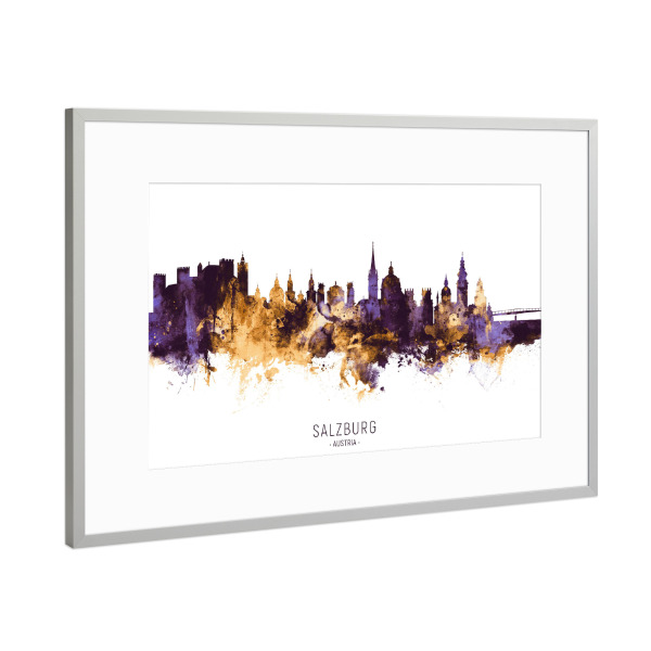 Poster mit Rahmen Silber "Salzburg Skyline PurpleGold" artboxONE - Städte - Salzburg,Austria,Skyline,Cityscape,Stadtbild,Watercolor,Painting,City