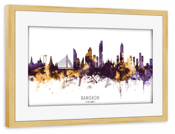 Poster mit Rahmen kiefer "Bangkok Skyline PurpleGold" artboxONE - Städte - Bangkok,Thailand,Skyline,Cityscape,Stadtbild,Watercolor,City