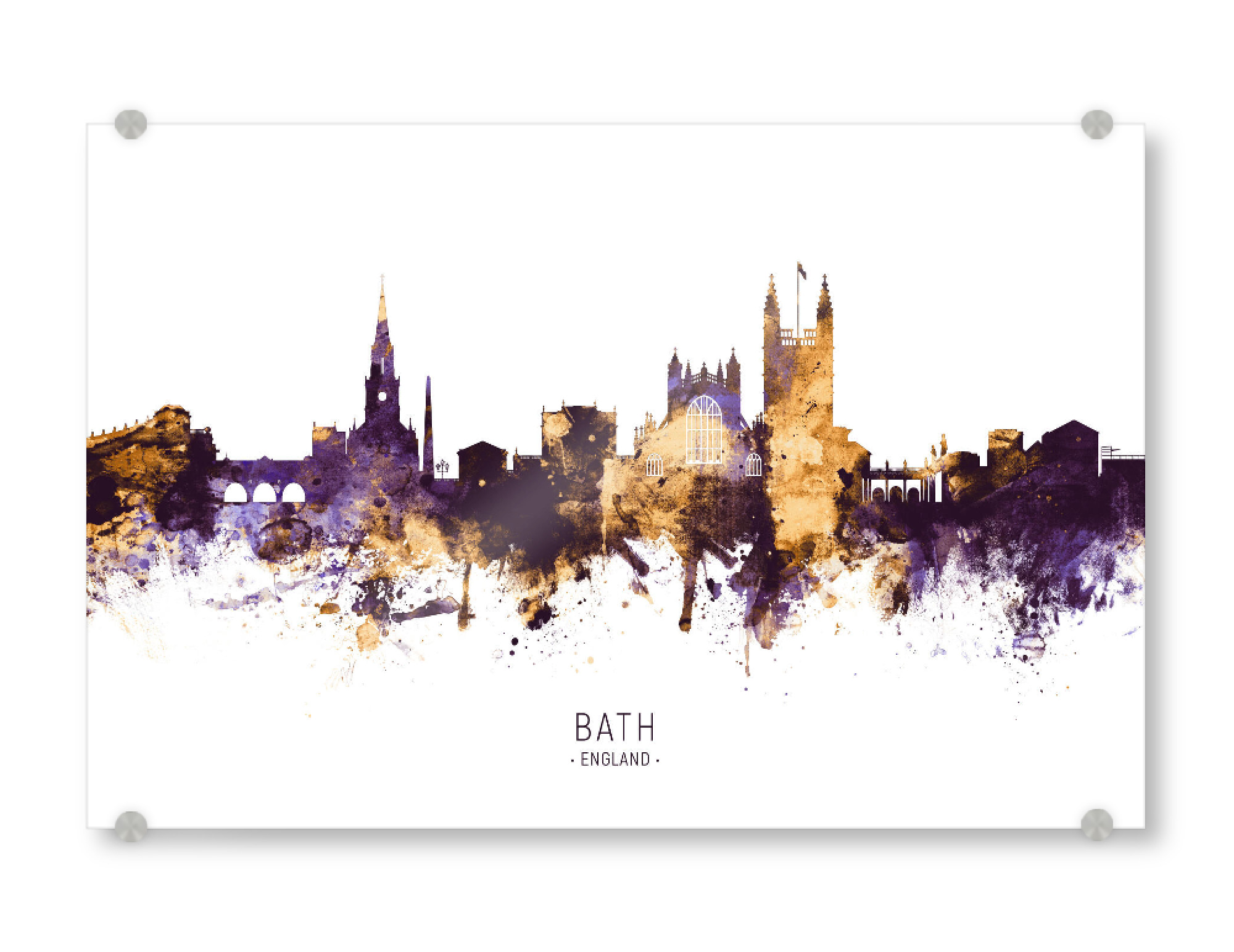 Acrylglasbild "Bath England Skyline PurpleGold" artboxONE - Städte - Bath,England,Skyline,Cityscape,Stadtbild,Watercolor,Painting,City