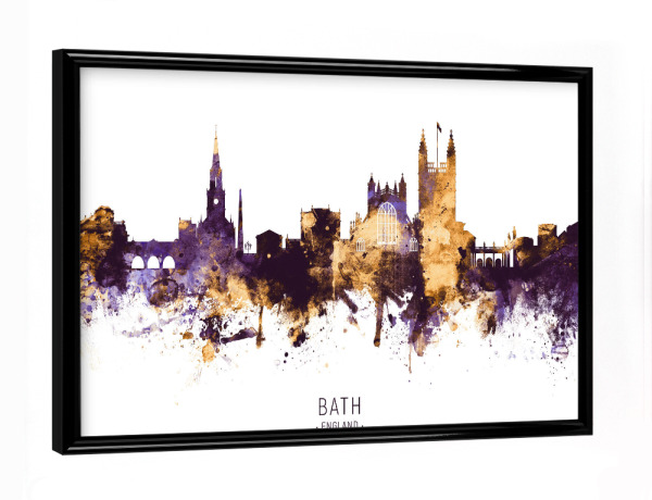 Poster mit schwarzem Rahmen "Bath England Skyline PurpleGold" artboxONE - Städte - Bath,England,Skyline,Cityscape,Stadtbild,Watercolor,Painting,City